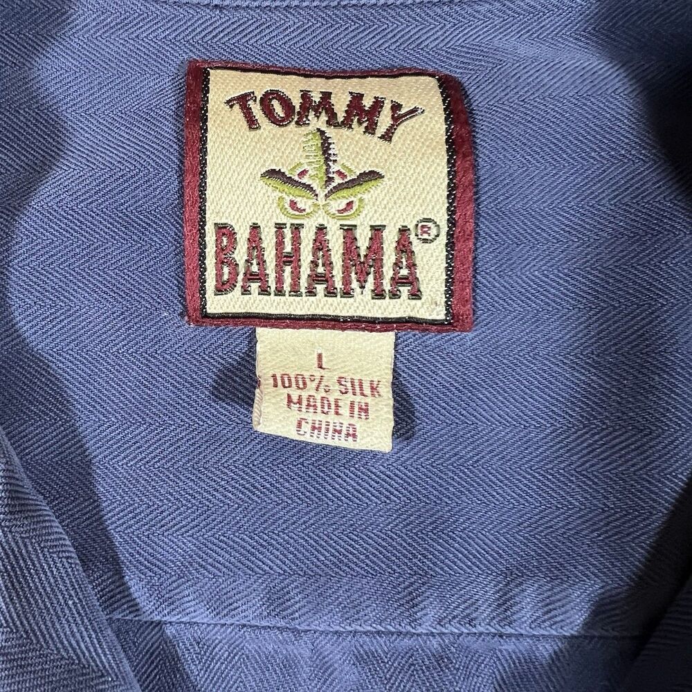 Tommy Bahama 100% Silk Herringbone Short Sleeve Camp Shirt Blue Men's Large Y2K - Picture 7 of 8